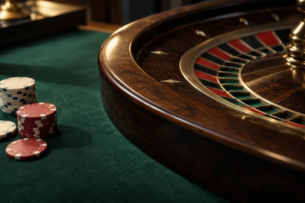 Dettaglio di roulette e fiches su feltro verde
